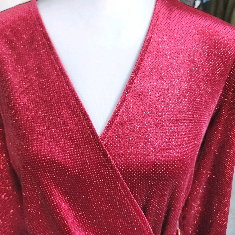 ANNE KLEIN Red Dress Womens 12 Sparkle Faux Wrap Rhinestone Buckle Cocktail Xmas - Picture 3 of 15